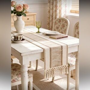 Boho Khaki Table Runner w/ Tassels | Neutral Farmhouse Decor | 12” x 87”